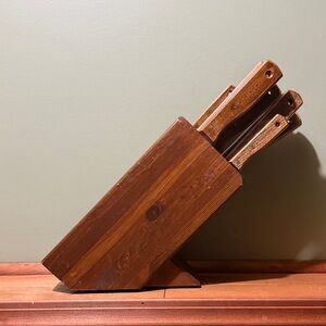 Vintage Wooden Knife Set & Block – Heavy Wear – Rustic Décor / Props